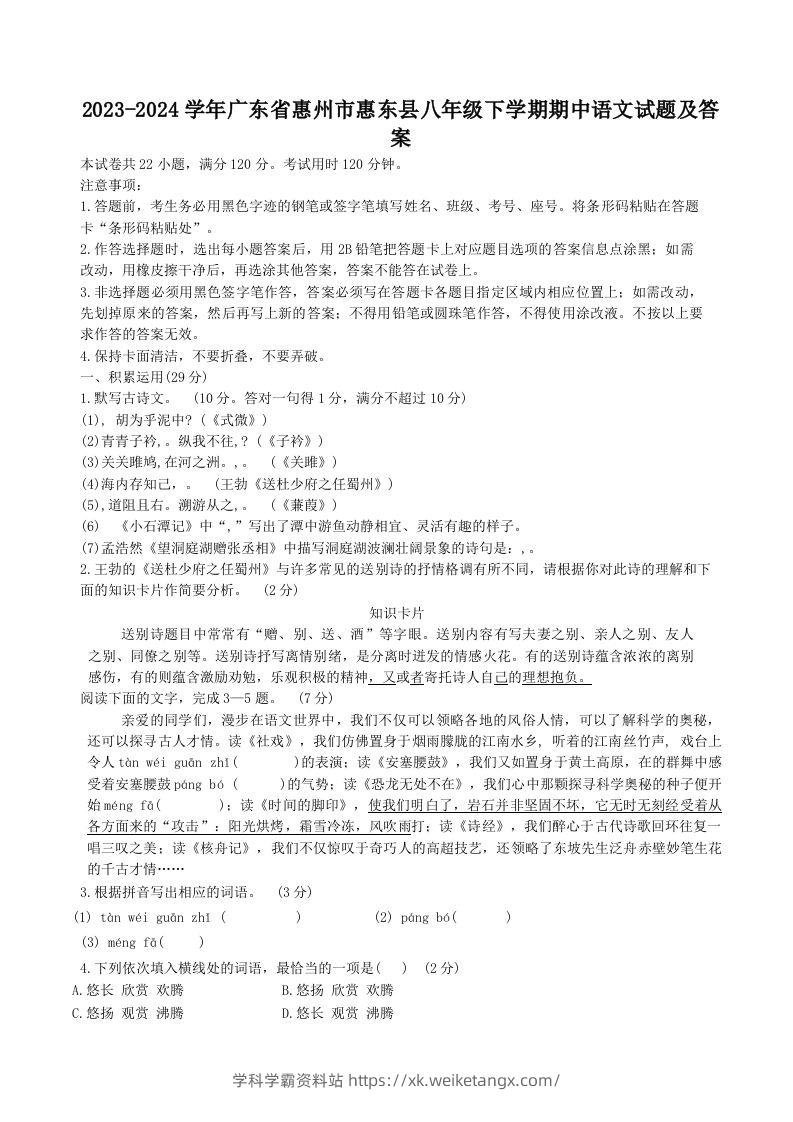 2023-2024学年广东省惠州市惠东县八年级下学期期中语文试题及答案(Word版)-学科学霸资料站