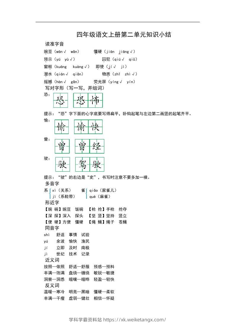 四（上）语文第二单元知识重点-学科学霸资料站