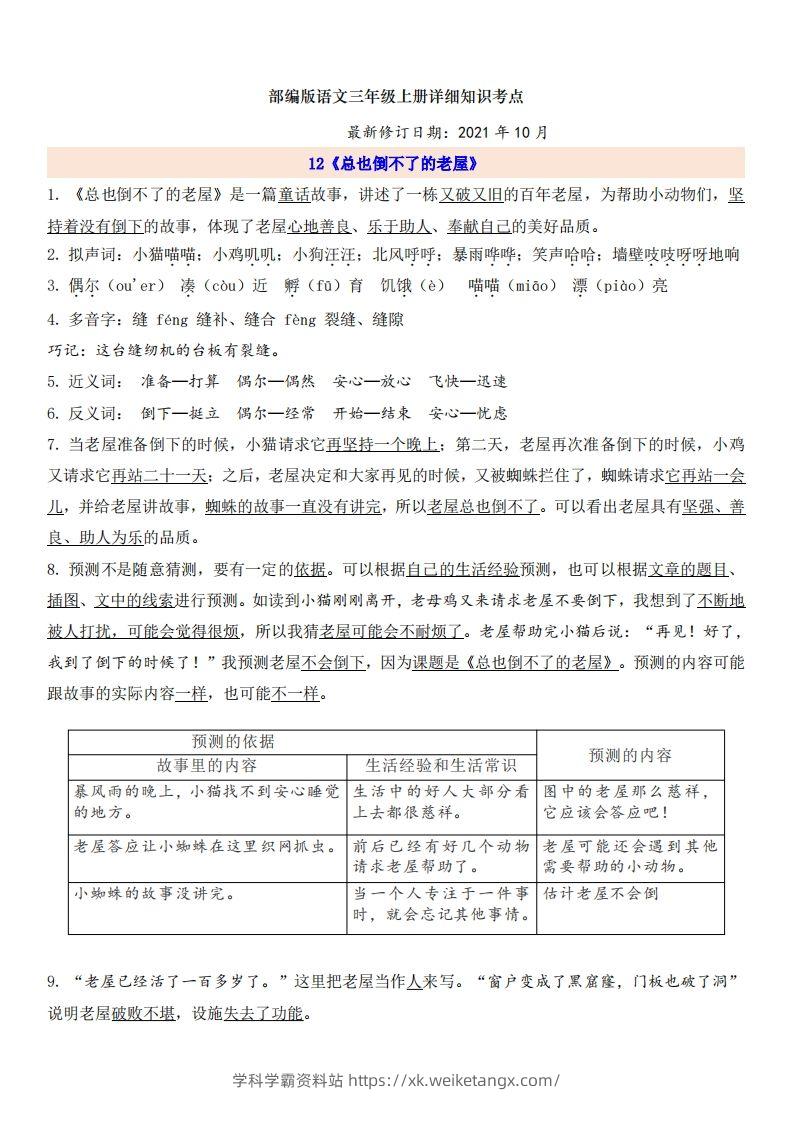 三（上）语文第4单元自编知识点-学科学霸资料站